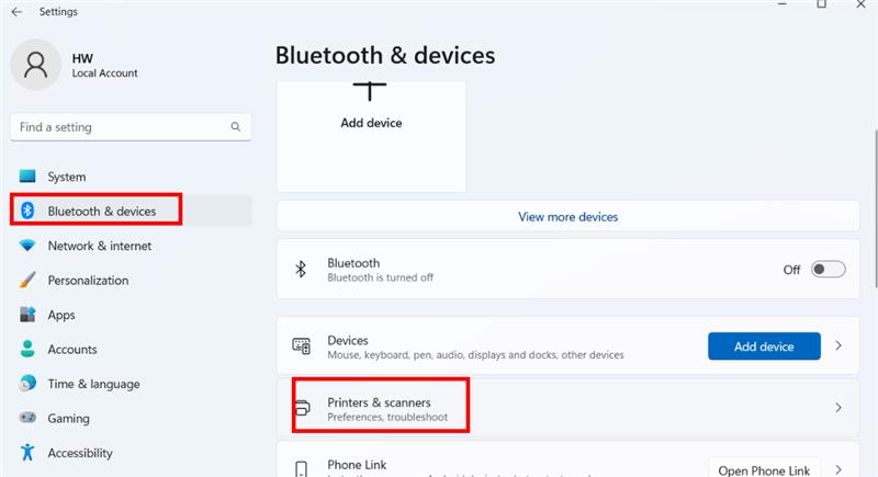 Screenshot of bluetooth and devices window with Printers and Scanners highlighted as the option to click, 3rd from the top. 