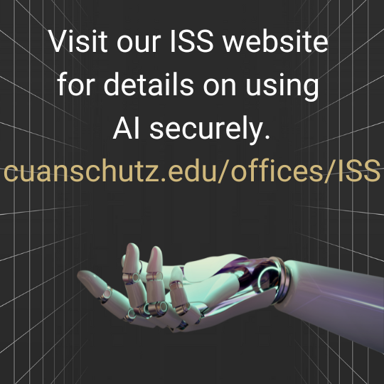 Artificial hand holding text directing users to the ISS website. Click the link to go to https://www.cuanschutz.edu/offices/iss