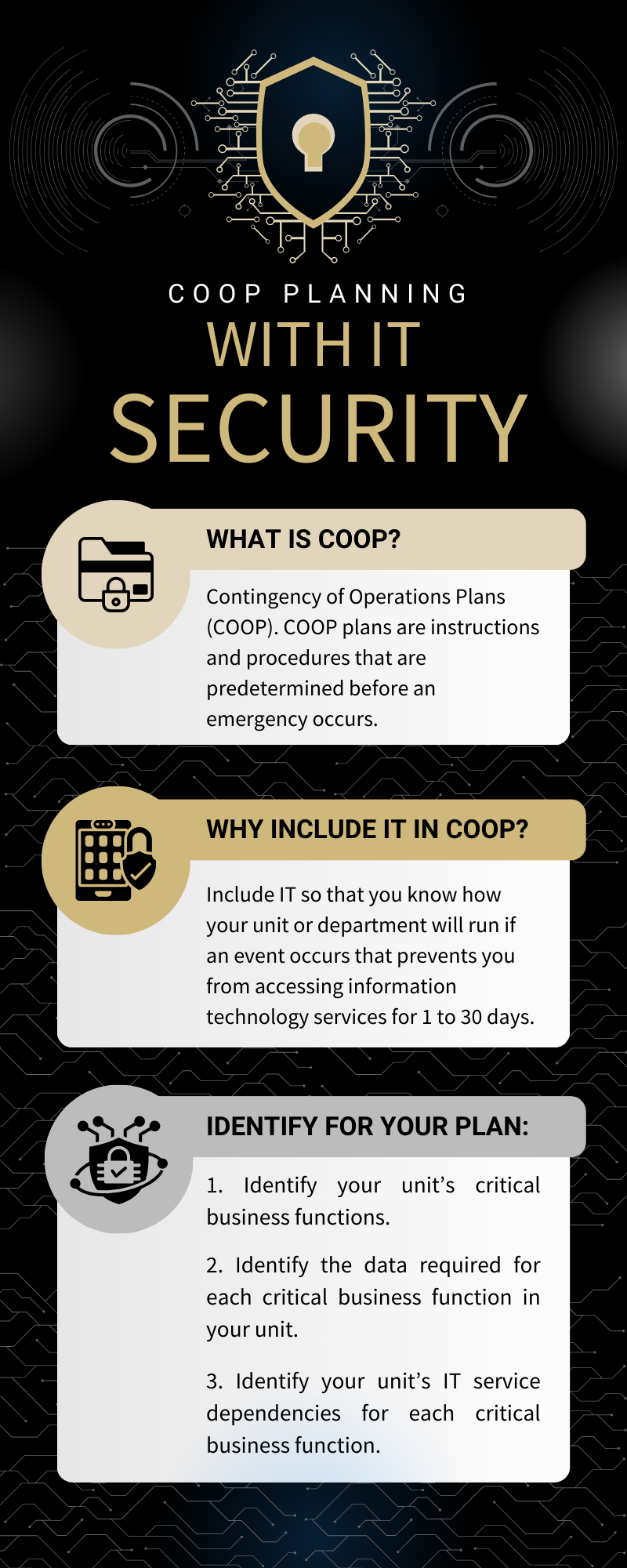 Infographic summarizing the three main questions to ask when planning your COOP: IT business functions, data required for critical business, IT service dependencies.