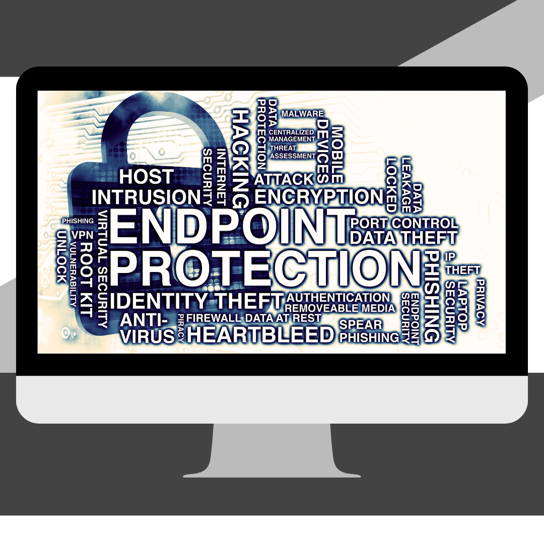 A computer with a word cloud for Endpoint Protection and all the devices included in endpoint.