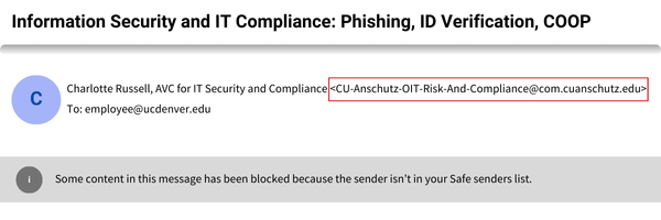 Mockup email showing the new sender profiles from Marketing Cloud. CU emails will come from an email address that has at com dot cuanschutz or ucdenver dot edu.