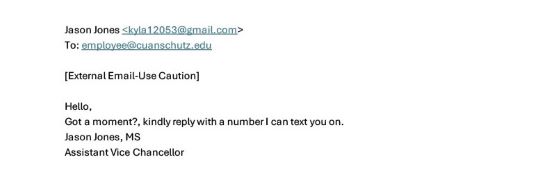 A mockup of a phishing example where the email is signed as Jason Jones but the email address says it is from kyla12053 at gmail dot com indicating it is not from a university employee.